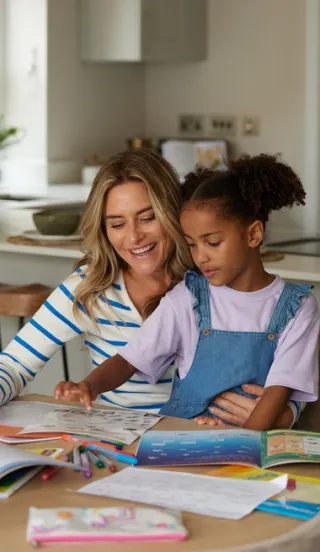 Mother and young child sat at a dining table doing homework