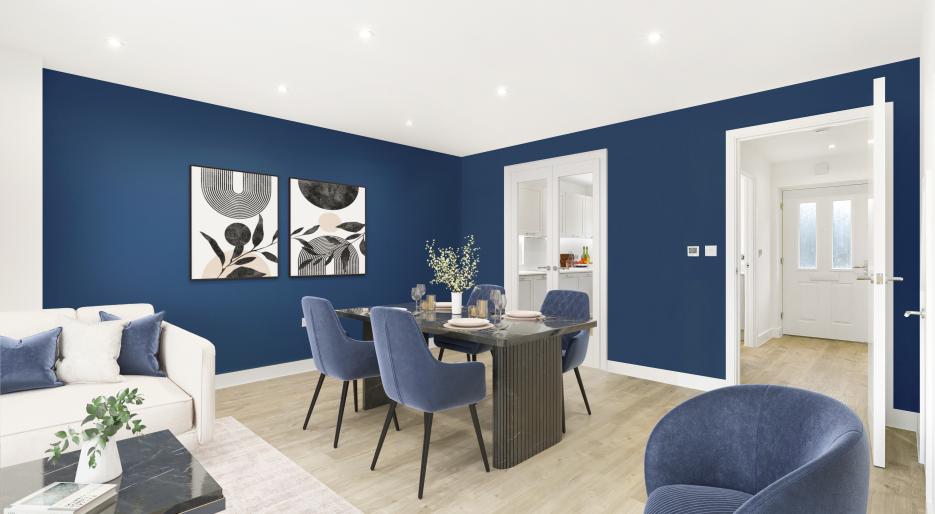 Plot 10, Hartley Acres, Kitchen, Dining, Living- virtually dressed with stud wall and doors