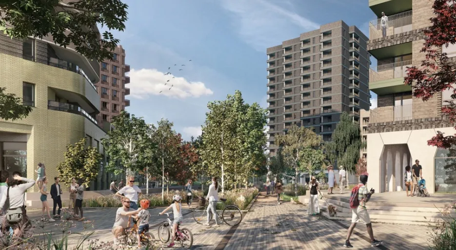 A busy pedestrian space outside a modern apartments building