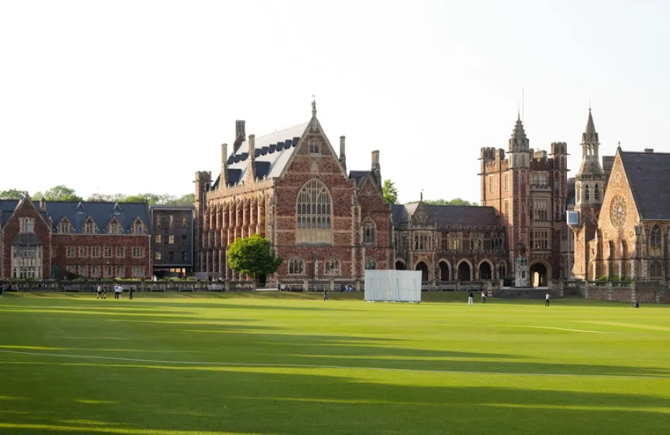 Exterior of playing fields and historical school buildings in Bristol