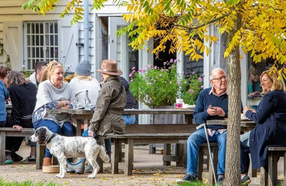 Exterior of a pub lined with benches and people enjoying a drink