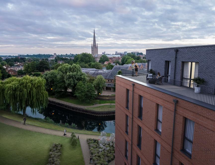 Pullman building view to Norwich cathedral 