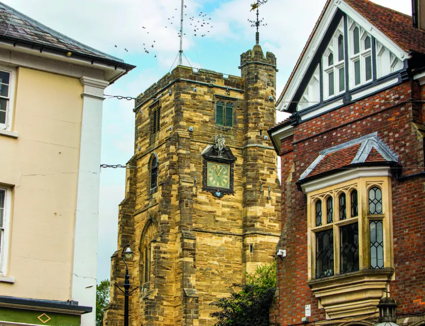 Exterior of historical buildings and church in Cranbrook